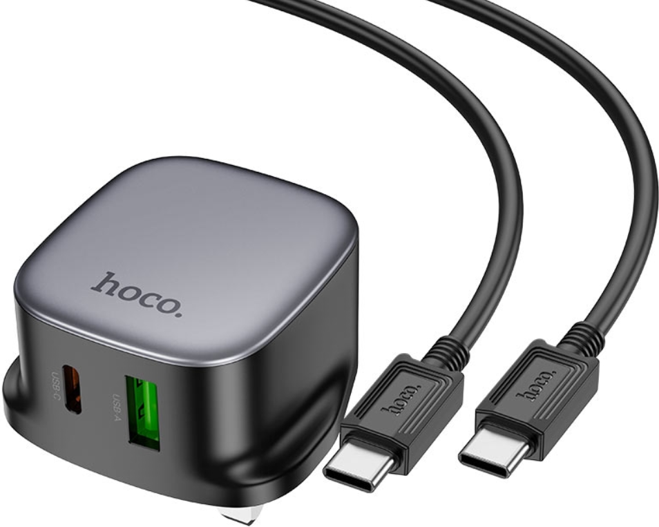 Dual Port 20W 3-Pin Irish Fast Charger with USB-C Cable