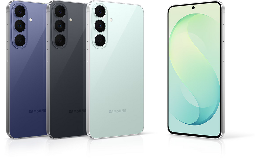 Four Samsung smartphones shown on a clean white background: three rear views in blueberry, graphite dark grey, and pale mint pistachio, plus one front view displaying a green-to-blue abstract wallpaper.