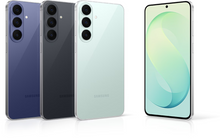 Load image into Gallery viewer, Four Samsung smartphones shown on a clean white background: three rear views in blueberry, graphite dark grey, and pale mint pistachio, plus one front view displaying a green-to-blue abstract wallpaper.