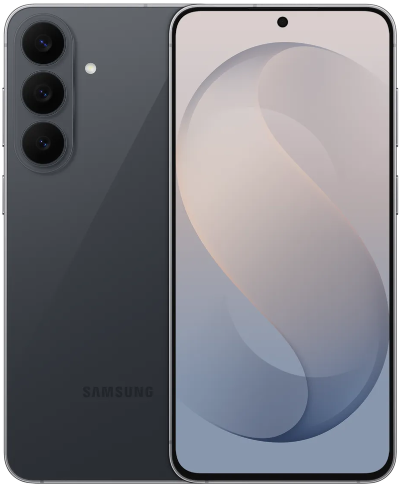 Samsung smartphone shown from the front and back in graphite dark gray finish, with three rear cameras and a front screen displaying a soft abstract wallpaper.