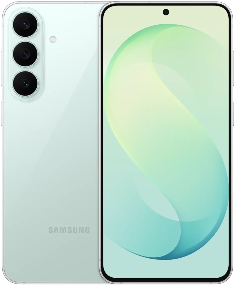 Samsung smartphone shown from the back and front, with a glossy pistachio pale green/white rear panel, three rear cameras, and a front-facing screen displaying a soft green and blue abstract wallpaper.