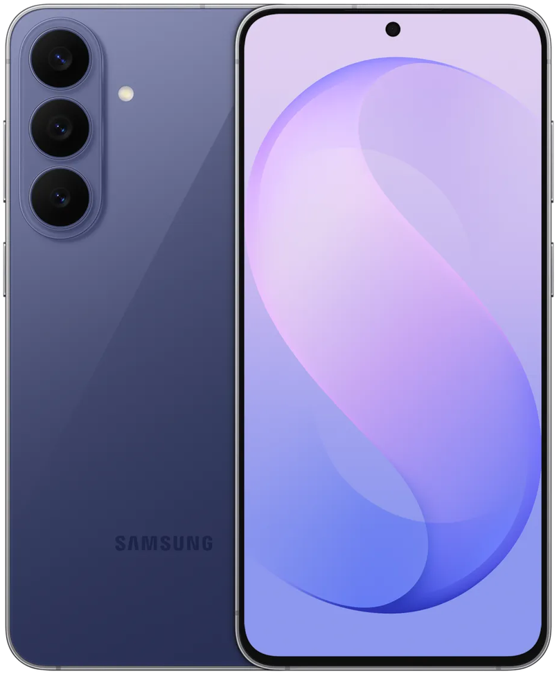 Samsung smartphone shown from the front and back in a muted blueberry colour. The back view shows three rear cameras and a flash, while the front view shows a large screen with a purple and blue abstract wallpaper.