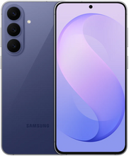 Load image into Gallery viewer, Samsung smartphone shown from the front and back in a muted blueberry colour. The back view shows three rear cameras and a flash, while the front view shows a large screen with a purple and blue abstract wallpaper.