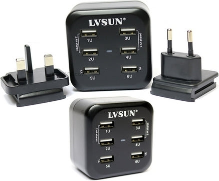 6-Port Wall Charger with Irish/US Travel Adapter 6.8A/34W